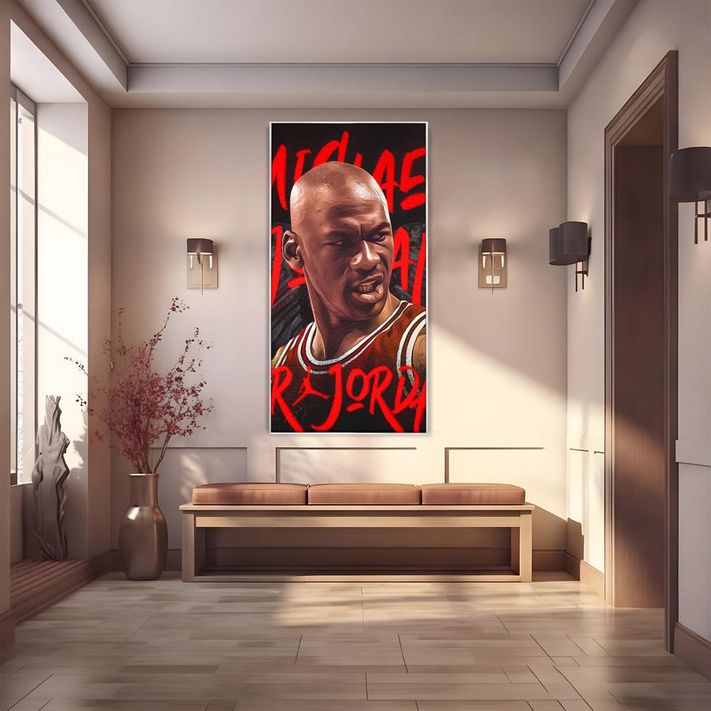 Tablou canvas cu portret grafic cu michael jordan, in rama de aluminiu argintiu